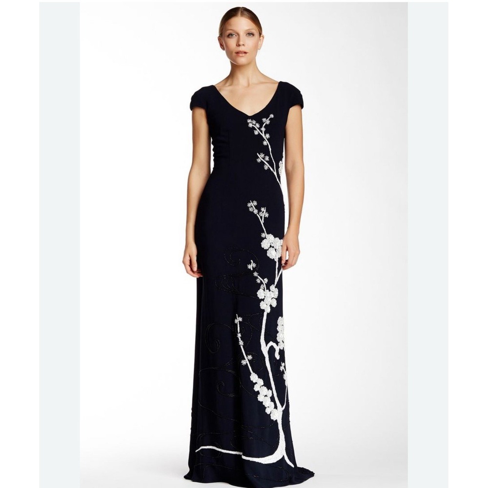 NWT Theia‎ Black Cap Sleeve Maxi Beaded Evening Dress Sz 10